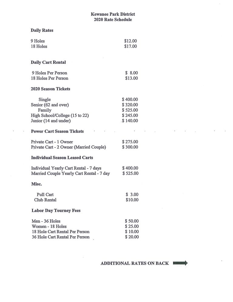 2020 Baker Park Golf Rates Kewanee Park District